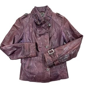 Danier Italian Leather Jacket Women's XS Plum Color Belted Motorcycle Buttons